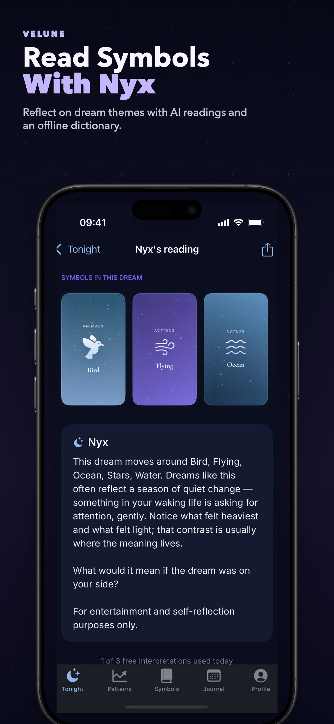 Velune AI dream interpretation screen — Nyx reads the symbols in your dream
