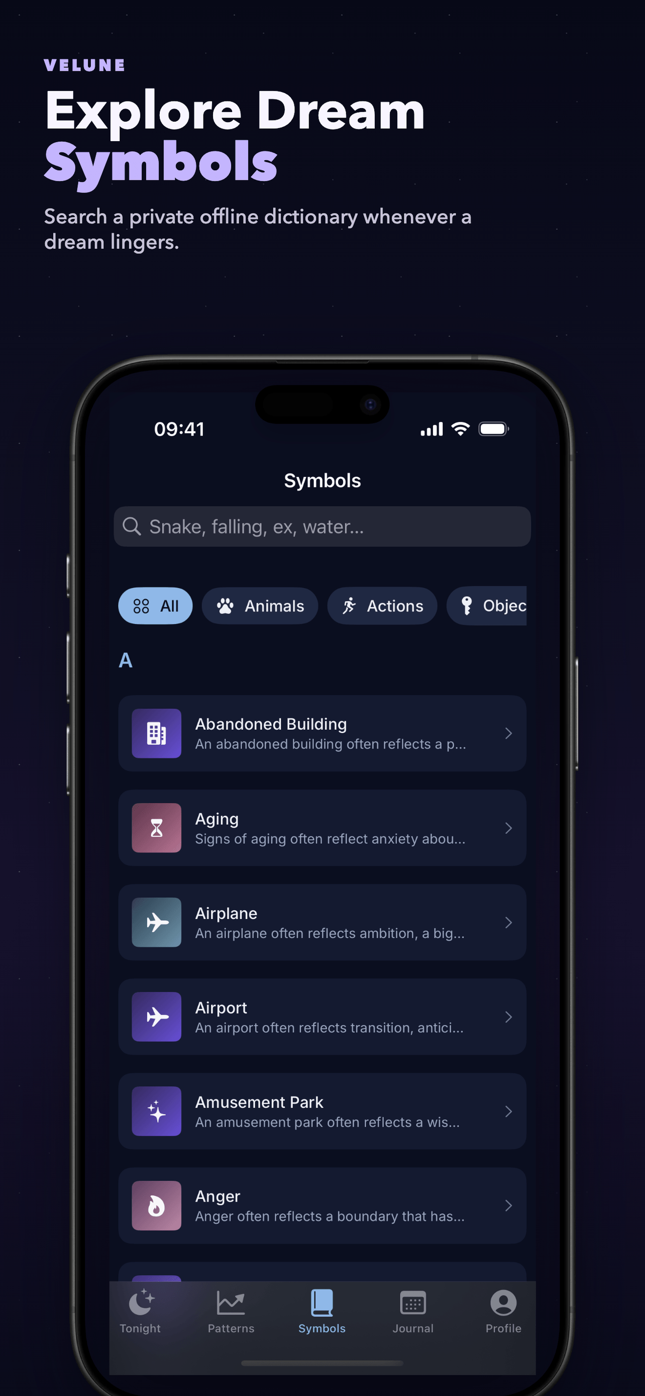 Velune dream dictionary — 300 dream symbols A to Z, free and offline