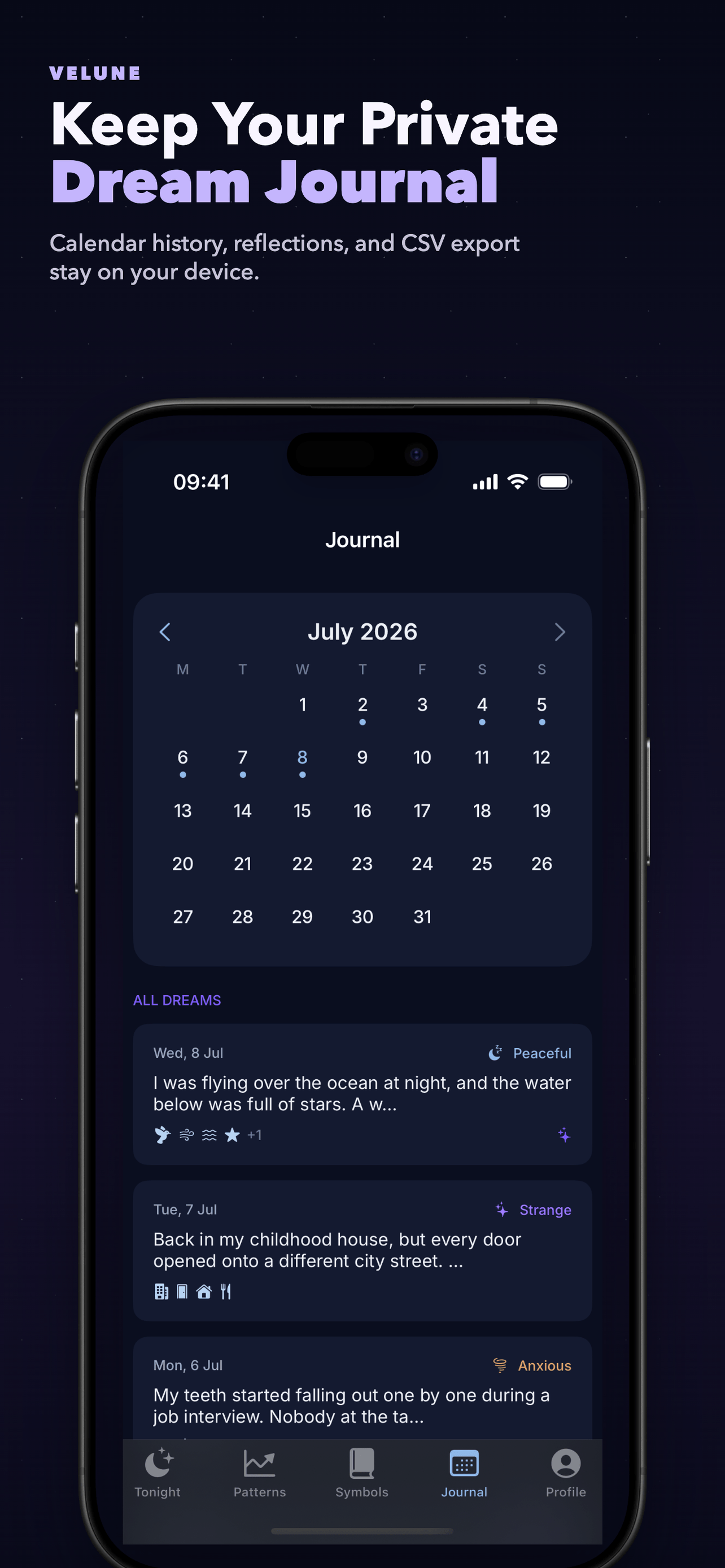 Velune private dream journal — calendar view of logged dreams
