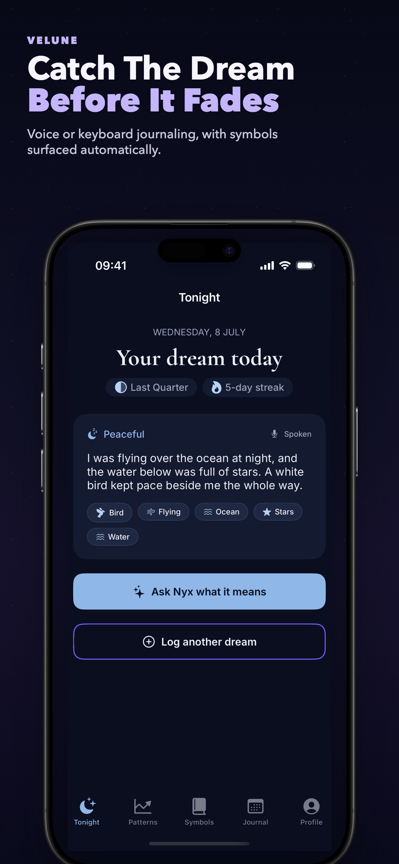 Velune Tonight screen — log a dream by voice or text, private dream journal app for iPhone